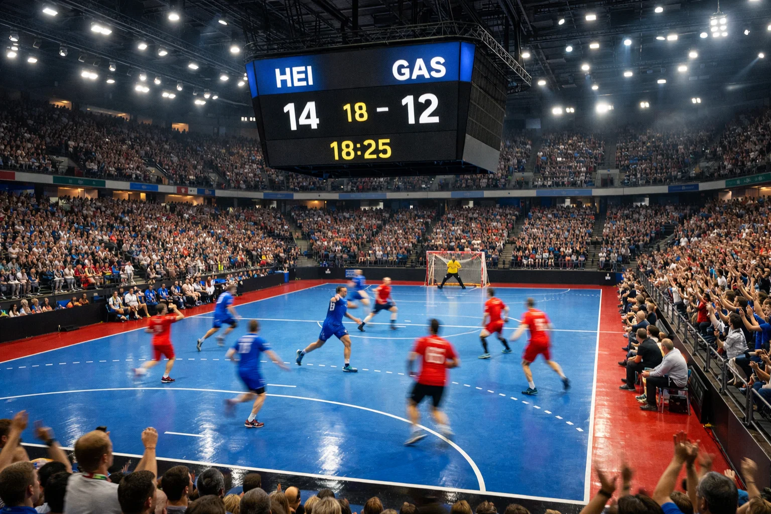 Handball-Livespiel in einer vollen Arena mit Anzeigetafel